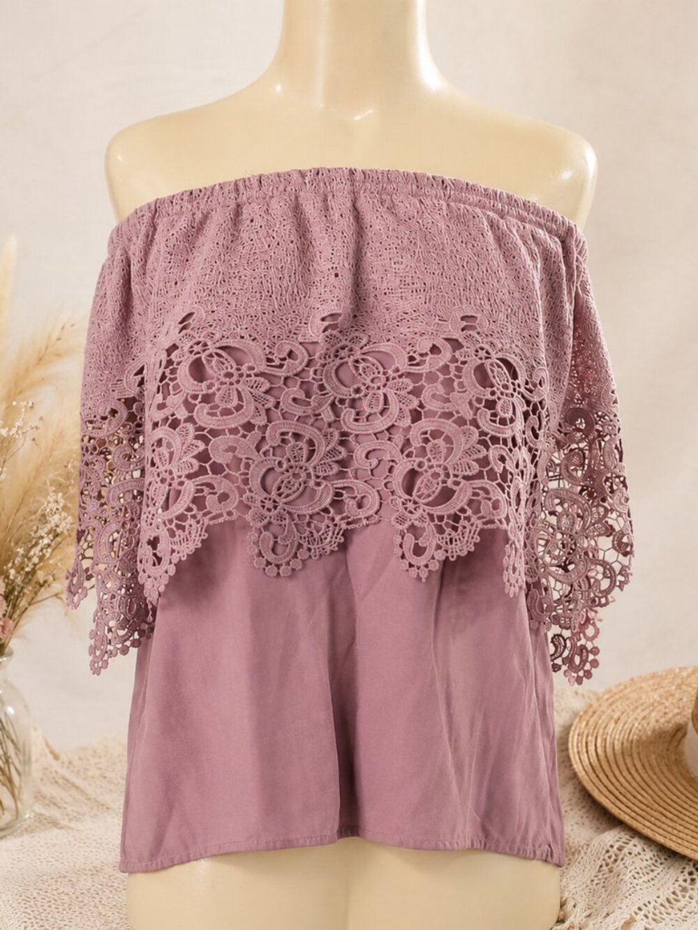 Charlotte Russe Mauve Lace Ruffle Strapless Boho Top | Size XS - Picture 2 of 9